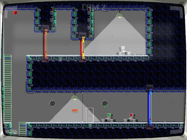 The player use two computer to open two colored gates