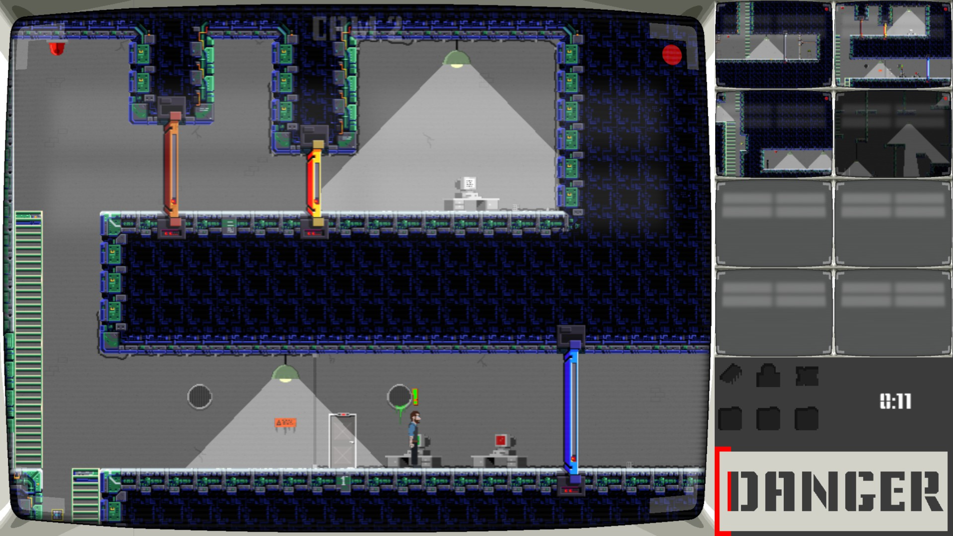 A screenshot of the game showing the character near a computer, with an exclamation mark above the character