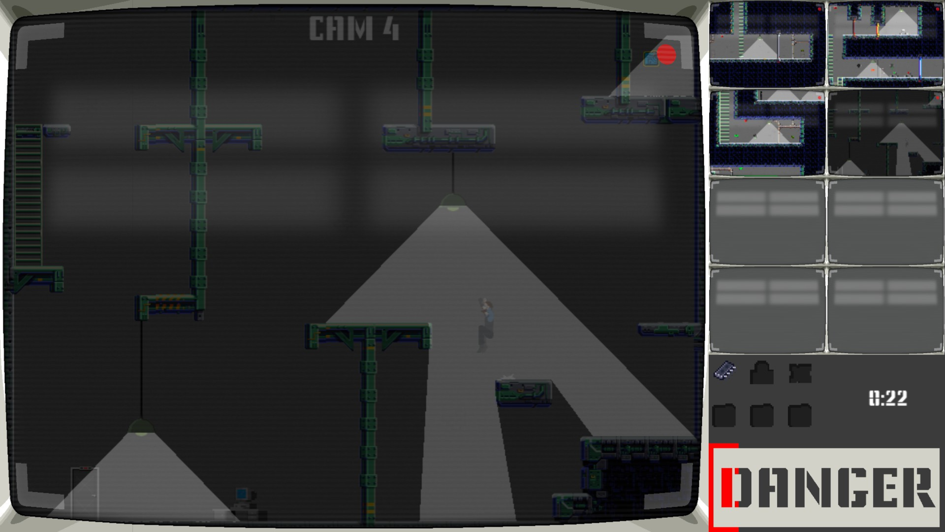 A screenshot of the game showing the character jumping in a dim-light area with multiple platforms